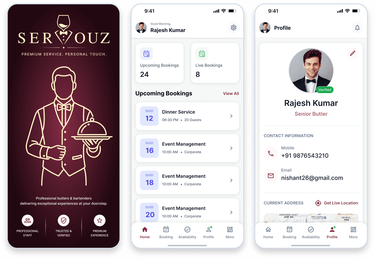 Servouz screenshot 5 - Illustrative Servouz operations workspace, connecting hotel bookings, partner verification, dispatch and attendance.