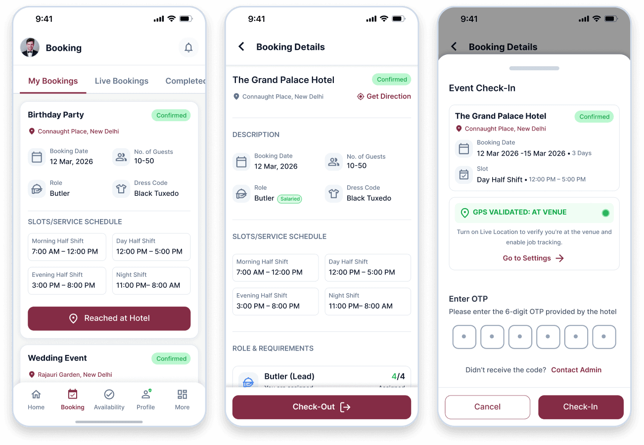 Servouz screenshot 6 - Illustrative Servouz operations workspace, connecting hotel bookings, partner verification, dispatch and attendance.