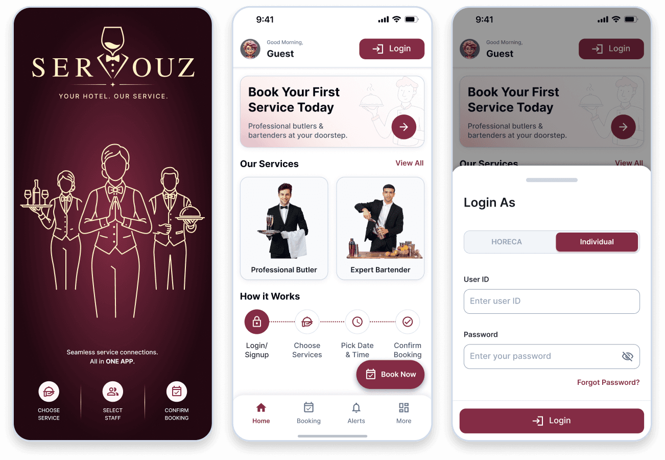 Servouz screenshot 3 - Illustrative Servouz operations workspace, connecting hotel bookings, partner verification, dispatch and attendance.