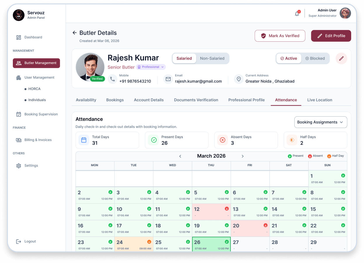 Servouz screenshot 2 - Illustrative Servouz operations workspace, connecting hotel bookings, partner verification, dispatch and attendance.